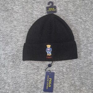 Polo Ralph Lauren Solid Flag Bear Embroider Rib Cuff Beanie Wool Blend Black NEW